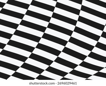 Abstrato padrão quadriculado preto e branco com um efeito distorcido, ondulado ou deformado, criando um visual dinâmico.