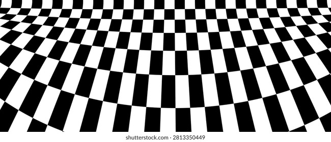 Abstract black and white checkered pattern with a distorted fisheye lens or curved grid effect. Geometric optical illusion background.