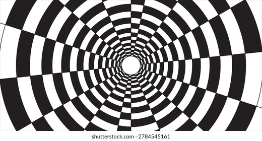 Abstract black and white checkered tunnel background. Optical illusion spiral vector illustration with depth perception effect.