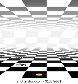 abstract black white chess board with checkers figures with reflection isolated on white background. vector illustration