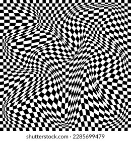 Resumen del concepto de ajedrez en blanco y negro de fondo 3d. Patrón ondulado con el efecto de la ilusión. Ilustración vectorial.