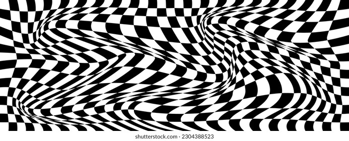 Abstraktes Schwarz-Weiß-Schachkonzept, 3D-Hintergrund. Geometrisches Wellenmuster mit dem optischen Effekt der Illusion. Vektorgrafik.