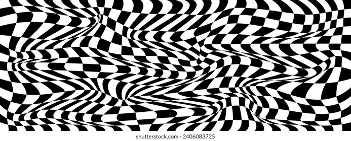Abstract black and white chess texture 3d background. Wave pattern with the effect of illusion. Vector illustration.