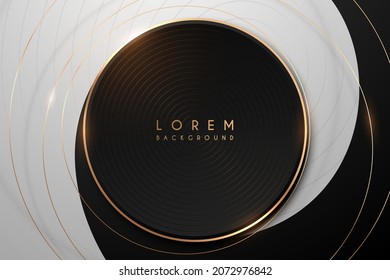 Abstract black and white circle background with golden lines