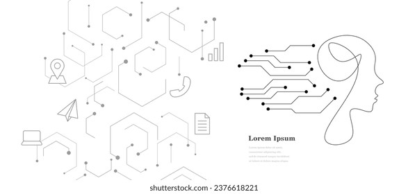 abstract black white circuit board, geometric technology texture background, AI artificial intelligence, face profile line