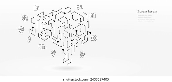 Abstrakte schwarze weiße Platine. Icon-Set für Medizin und Gesundheitswesen. KI: Künstliche Intelligenz. Gehirnförmige Linien.