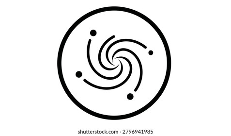 Abstract black and white circular emblem depicting a spiral galaxy or planetary system, suitable for space exploration, science, and cosmic themed projects.