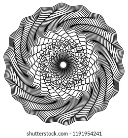 Abstract black and white circular pattern. Geometric pattern with visual distortion effect. Optical illusion. Op art. Guilloche for money, certificates, diplomas. Сoloring book