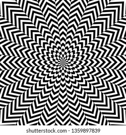 Abstract black and white circular striped background. Geometric pattern with visual distortion effect. Optical illusion. Op art.