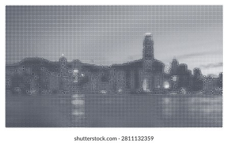 Abstract black and white city view, modern urban landscape with geometric grid, skyline reflected on calm water, minimalist graphic art.