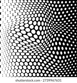 Abstract black and white colour polka doat thik to thin bland wave distorted pattern used for as background. Vector illustration.