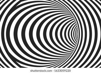 Abstract black and white concentric lines that makes a striped tunnel.  Optical Illusion effect. Modern vector background. Hypnotic line art.
