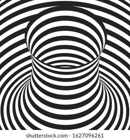 Abstract black and white concentric stripes. Optical Illusion effect. Hypnotic art background.