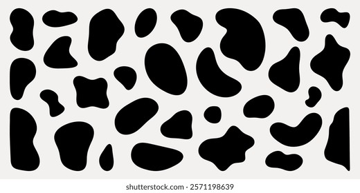 Abstract black and white cow print pattern with irregular spots. Cow print design features bold black spots. Cow print background with unique shapes. Black shape vector set.