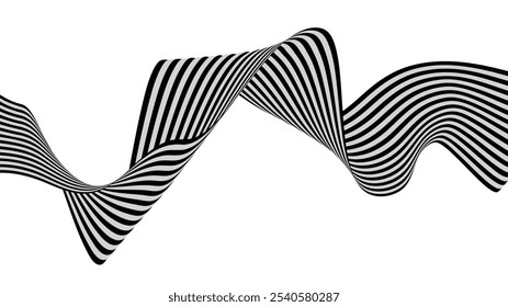 Linhas de faixa de onda curva abstrata em preto e branco , Arte dinâmica de ondas de linha 3D, Line Art com Ilusão Ótica 