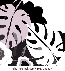 Abstract black and white cute flowers , monstera leaves and branch pattern background. Creative lovely florals , leaves with hand drawn and doodles for your design