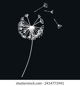 Abstract black and white dandelion, flying dandelion seeds. Vector graphics. The design of the postcard.