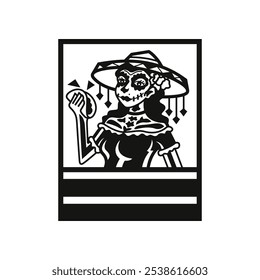 Abstrato preto e branco Día de los Muertos mulheres com sombrero e taco ilustração logotipo design.