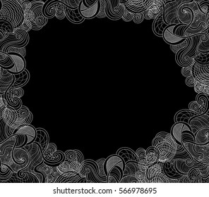 Abstract black and white decorative frame with curling figured shapes. Decorative endless texture