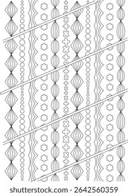 Abstract Black and White Decorative Pattern, An intricate abstract design featuring vertical stripes of various geometric and organic shapes rendered in black and white lines, suitable for