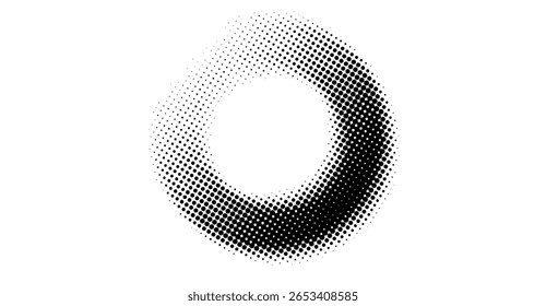 Un diseño abstracto en blanco y negro presenta un patrón circular único formado por puntos semitonos graduados, creando un elemento gráfico visualmente atractivo y moderno en un lienzo limpio