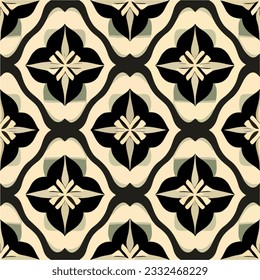 Abstract black and white design featuring intricate art deco and art nouveau patterns, resembling patterned tilework.