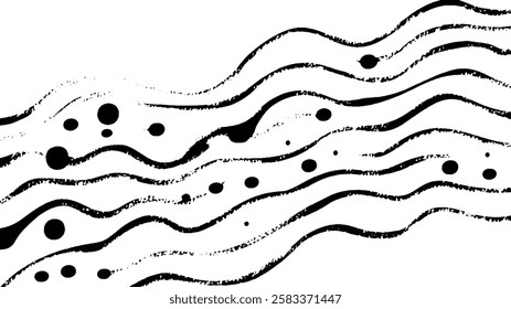 Abstract black and white design featuring wavy lines and scattered dots, creating a dynamic and artistic pattern.