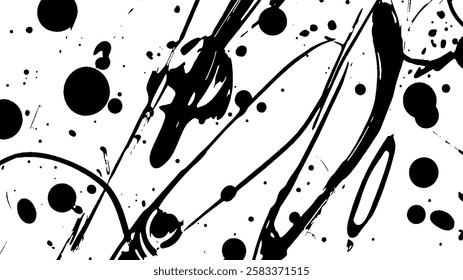 An abstract black and white design featuring various splatters and lines, creating a dynamic and energetic composition.