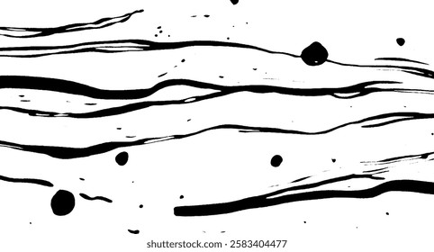 Abstract black and white design featuring flowing lines and scattered dots, creating a dynamic and artistic pattern.