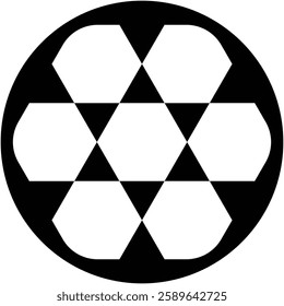 Abstract black and white design featuring geometric pattern with hexagons and triangles, circular arrangement, creating a symmetrical effect.