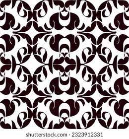 Abstract black and white design on white background, reminiscent of luxurious damask pattern. The repetition and seamless nature make it perfect for fabrics and elegant decor.
