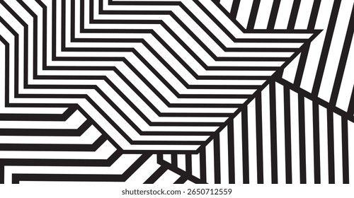 Um design abstrato em preto e branco mostra um labirinto de padrões geométricos com espessuras de linha e direções variadas, criando uma textura visual dinâmica em um plano plano