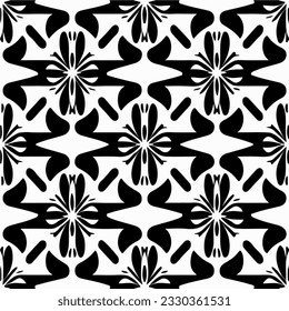 Abstract black and white design that mesmerizes with its interplay of shapes and lines. The repeating fabric pattern lends a sense of continuity, while the dark flower pattern adds a touch.
