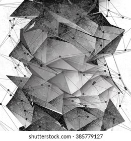 Abstract black and white digital polygonal background with dots and lines grunge texture. Vector illustration.