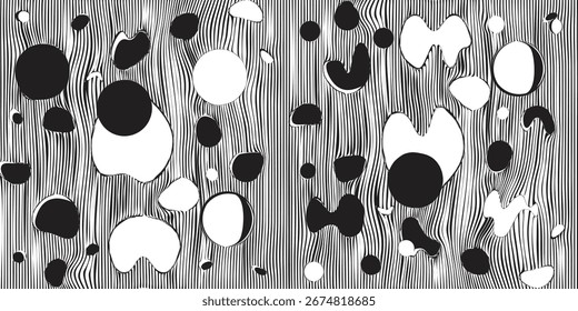 Abstractas líneas distorsionadas en blanco y negro con Formas circulares irregulares.