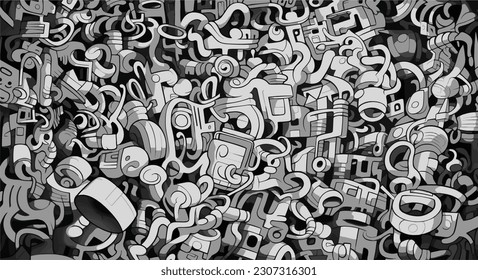 abstract black and white doodles background, in the style of bold graffiti murals, letras y figures, smooth surface, piles stacks, cartoon mis-en-scene, wildstyle, holotone printing