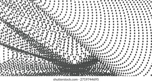 Ilustração de matriz de pontos preto e branco abstrata com linhas radiais e curvas criando textura e profundidade visuais.