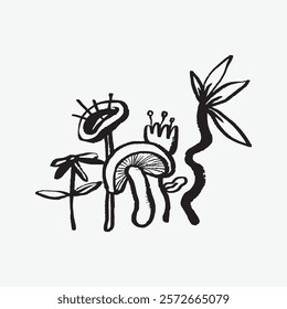 Abstract black and white drawing of whimsical flowers and plants. Unique floral design with artistic, imaginative plant shapes. Simple isolated black line art doodle vector.