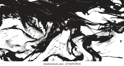Abstractas retrato dinámico en blanco y negro con cabello, líneas de movimiento y dramática textura monocromática
