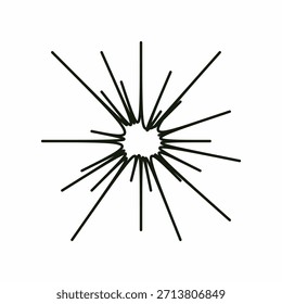 Ilustração de rajada radial dinâmica em preto e branco abstrata apresentando linhas irregulares que se espalham a partir de um centro caótico