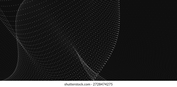 An abstract black and white dynamic wave. Streams of bright dots form smooth waves against a dark background. The radiating light creates a sense of depth and elegance. Futuristic 3D dot wave.