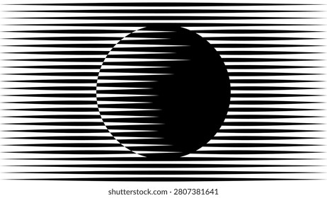 Abstract black and white eclipse background featuring a dark circular shape partially hidden behind fine horizontal stripes.