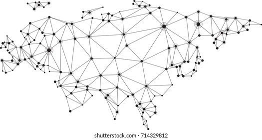 Abstract black and white Eurasia communications map. Vector  illustration. 