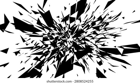 Abstract black and white explosion of sharp geometric shards and fragments, suggesting impact, disintegration, or explosive energy, on a clean white background