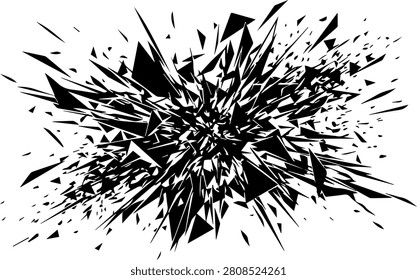 Abstract black and white explosion of sharp geometric shards and fragments, suggesting impact, disintegration, or explosive energy, on a clean white background