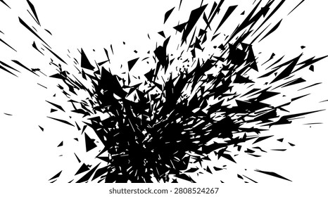 Abstract black and white explosion of sharp geometric shards and fragments, suggesting impact, disintegration, or explosive energy, on a clean white background