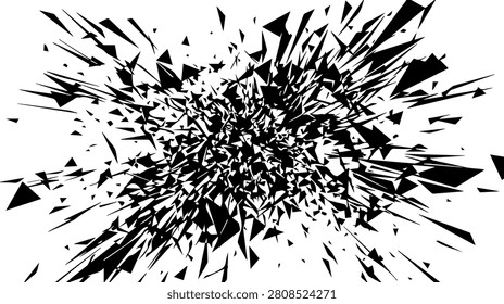 Abstract black and white explosion of sharp geometric shards and fragments, suggesting impact, disintegration, or explosive energy, on a clean white background