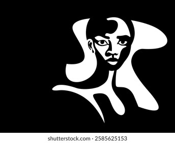 Abstract Black and White Female Portrait with Fluid Shapes and Bold Contrast, monochrome style