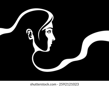 Abstract Black and White Female Portrait with Fluid Shapes and Bold Contrast, monochrome style