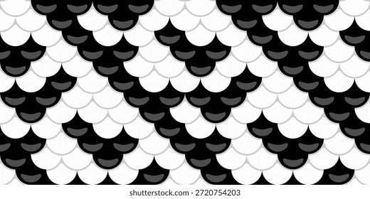 Abstractas patrón de escamas de pescado blanco y negro.  Diseño elegante y geométrico perfecto para fondos, texturas y moda.  Evoca temas de protección, naturaleza y estilo elegante.